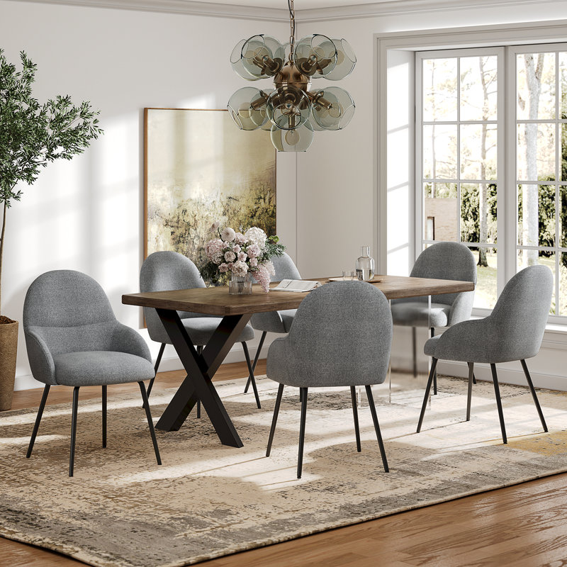 Antin Upholstered Dining Chair With Ergonomic Back And Metal Legs, Light Grey Linen