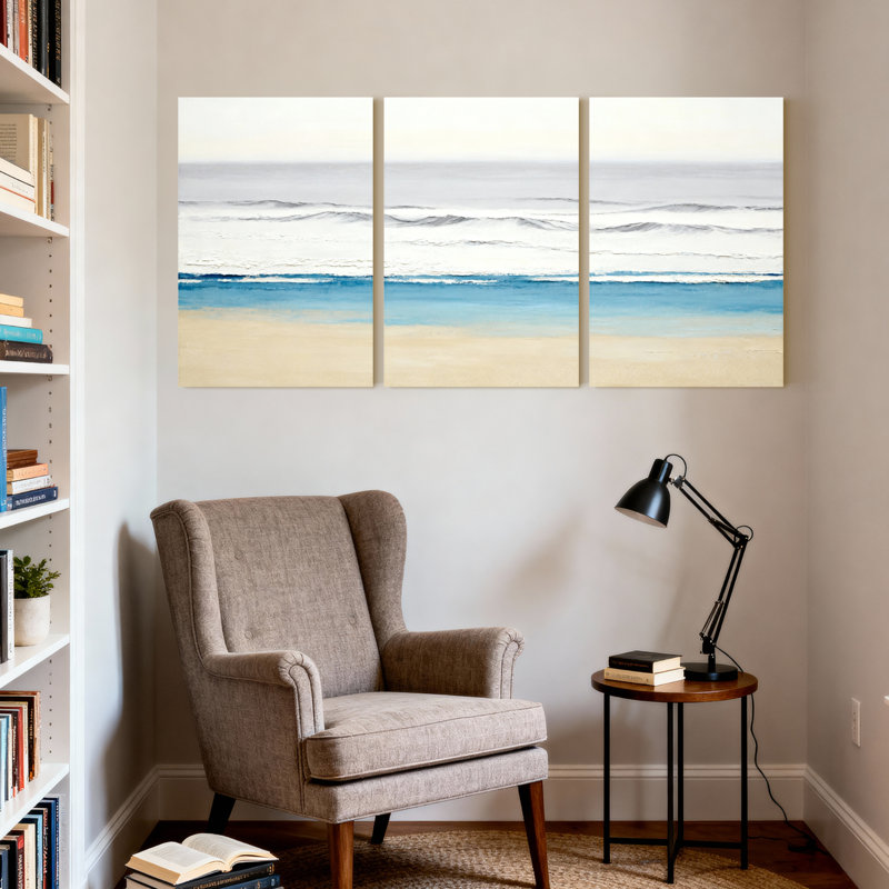 Ensemble de 3 toiles murales représentant une scène de plage et de vagues océaniques, H 30 po x l 60 po