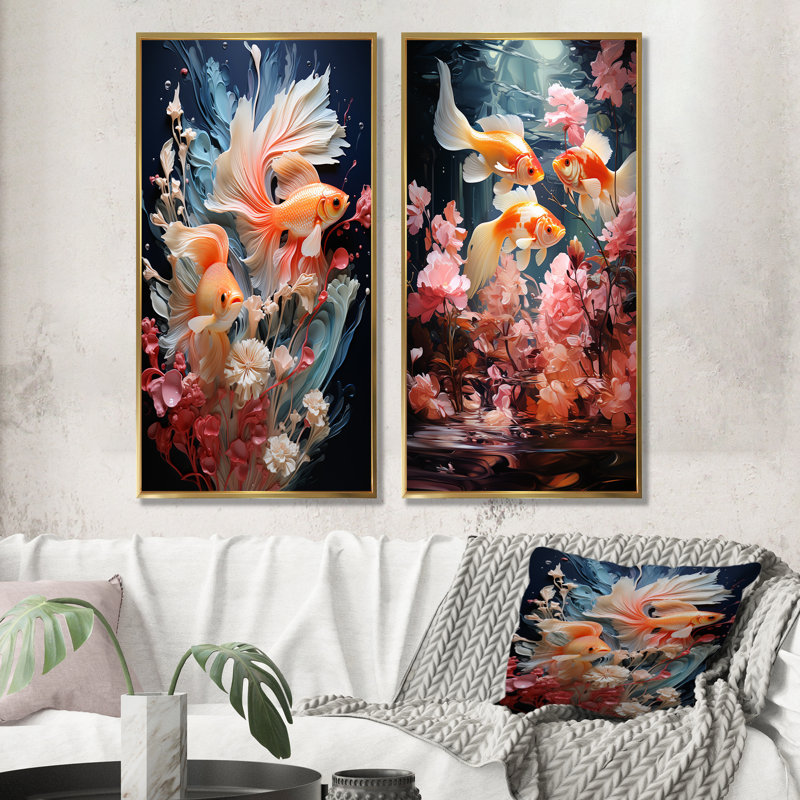 Minimalisme, aquariums, poissons - aquariums, ensemble de 2 impressions sur toile, Encadrement doré, H 40 po x l 41 po