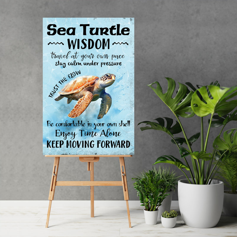 Une tortue de mer - «Sea Turtle Wisdom Enjoy Time Alone Keep Progress» - 1 pièce, impression sur toile tendue