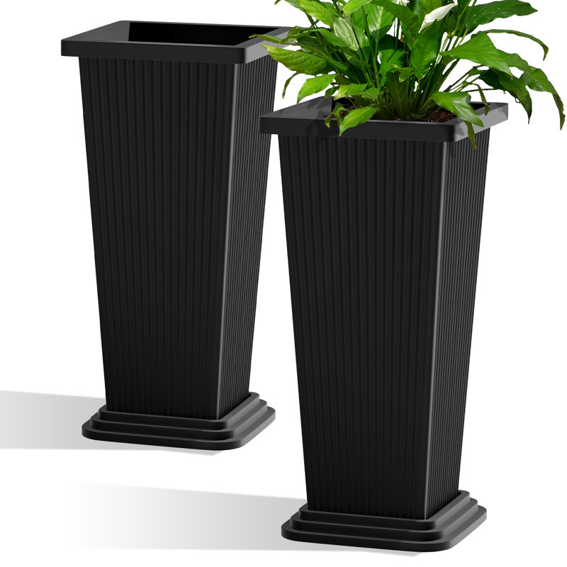 Set of 2 Large 24 Inch Rectangular Tall Planters with Tray for Indoor and Outdoor Use – Tall Outdoor Planters for Porch, Patio and Backyard