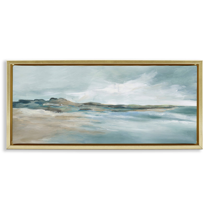 Cadre flottant bleu dégradé scène de plage, design par Carol Robinson, H 11 po x l 25 po, Cadre flottant métallique doré