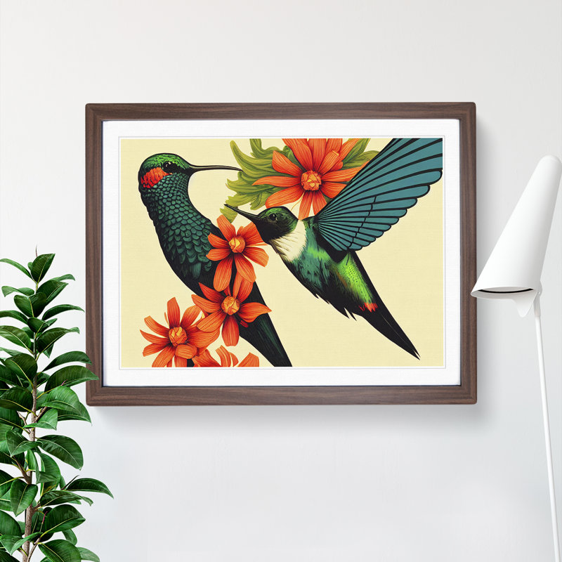 Artistic Floral Hummingbirds - Single Picture Frame Print, 46cm H x 64cm W x 2cm D, Brown Framed