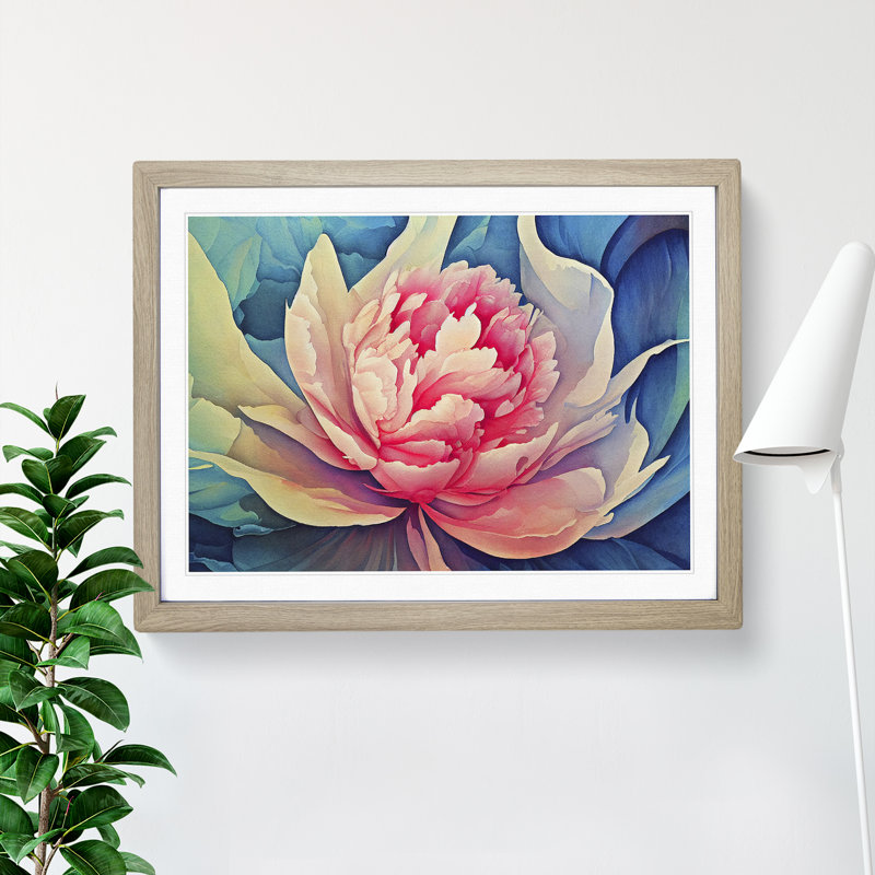 Watercolour Peony Flower - Single Picture Frame Print, 25cm H x 34cm W x 2cm D, Oak Framed