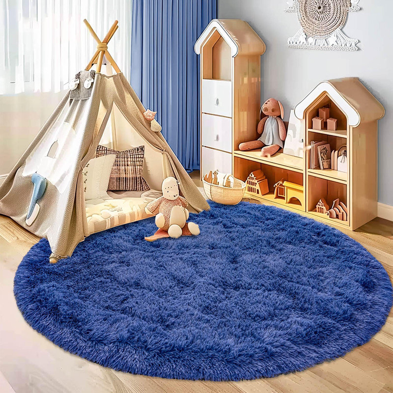 Tapis uni bleu moelleux pour le salon, la chambre de bébé et la chambre d'enfant, Rond 6 pi