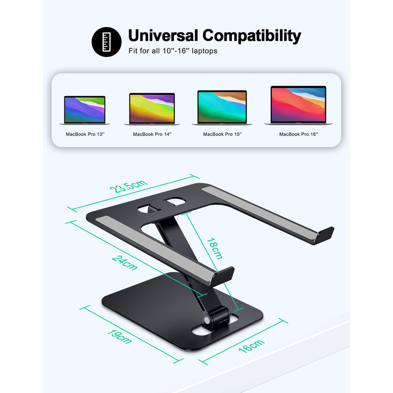 Support pour ordinateur portable pliable, support d'ordinateur ergonomique à hauteur réglable pour bureau, support pour ordinateur portable en aluminium, noir