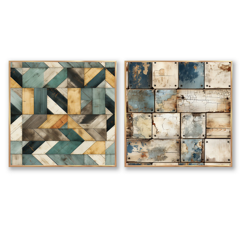 Planche cubique jaune et bleu rustique - Ensemble de 2 collages abstraits carrés, Cadre flottant doré, H 30 po x l 61 po