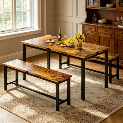 Ensemble de table de salle à manger 3 pièces de style campagnard avec 2 bancs assortis, table de salle à manger rectangulaire en bois avec structure en métal et petit coin-repas