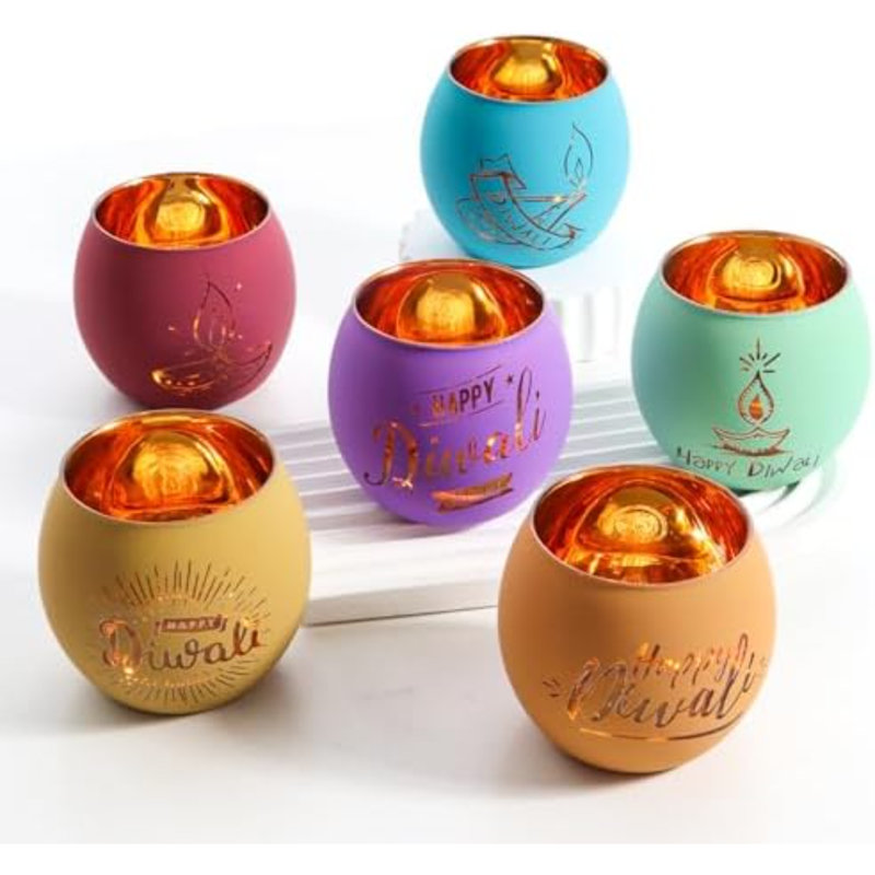 Diwali Gifts 6 PCS Happy Diwali Decorations For Home, Colorful Glass Tealight Votive Candle Holder For Party, Table Centerpiece Deco