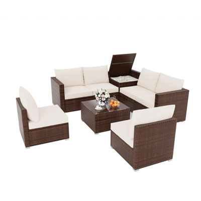 8 Piece Outdoor Patio Furniture Set 6 Seat Rattan Conversation Set with Glass Coffee Table Hidden Storage Box Sectional for Garden Poolside Backyard