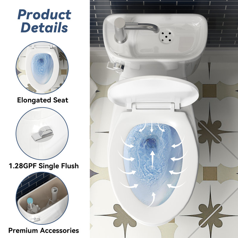 Modern Two-Piece Toilet With Faucet, Elongated Seat, High-Efficiency Flushing, And Soft-Close Lid