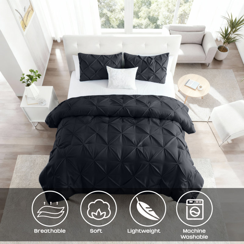 Luxurious Microfiber Pintuck Duvet Cover Set – Soft, Breathable & Wrinkle-Resistant Bedding for All-Season Comfort, Black