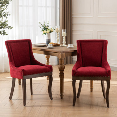 2 Dining Room Chairs, Thickened Fabric Upholstery, Solid Wood Frames, Bronze Accents, Burgundy, High Back Support, Foam Seat Cushion, American Style Home Interior Decoration 2 Chair , Seating, Bases,