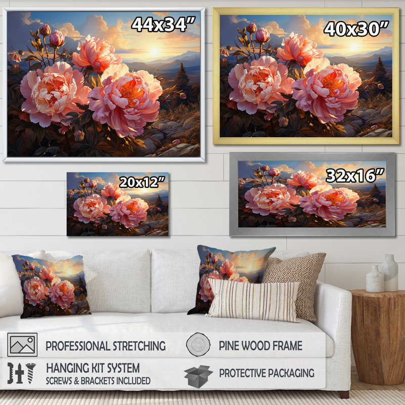 Pivoines magiques au coucher du soleil I, H 34 po x l 44 po x P 1,5 po, Cadre flottant blanc