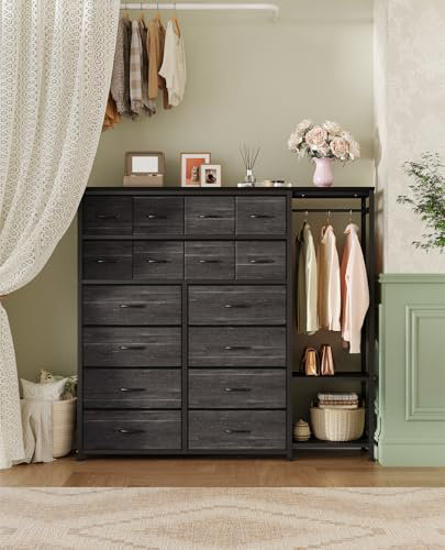 Tall Dresser for Bedroom with 16 Drawers, Clothes Rack and Storage Shelves, Bedroom Storage Dresser for Clothes Organization