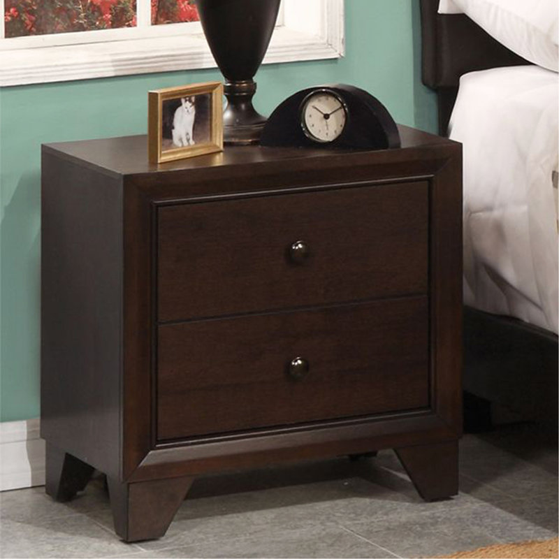 Élégante table de chevet en bois avec 2 tiroirs, finition espresso, parfaite pour le rangement et la décoration de chevet.