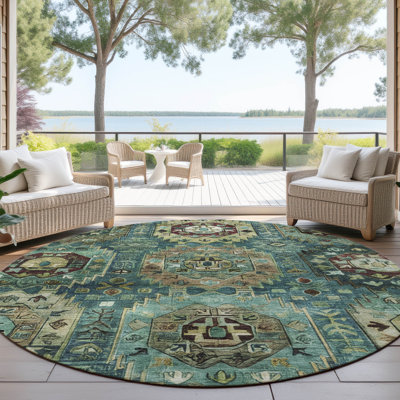 Machine Washable Indoor/Outdoor Xhevrie Teal Rug