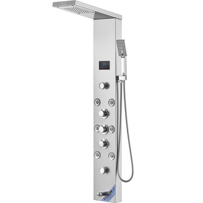 Système de panneau de douche, 6 modes de douche, tour de panneau de douche à hydroélectricité à DEL et à écran, pluie, cascade, 8 jets de massage, bec de baignoire, douche à main, ensemble de douche mural en acier inoxydable