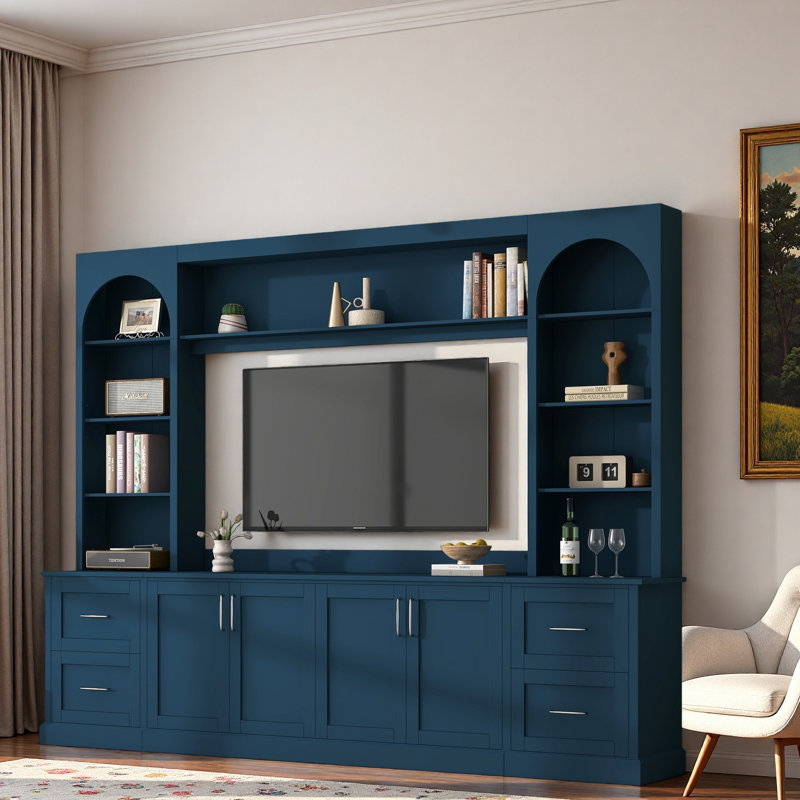 Meuble audio-vidéo arqué moderne avec tiroirs, grandes armoires, tablettes réglables, présentoir et trous pour câbles, Bleu