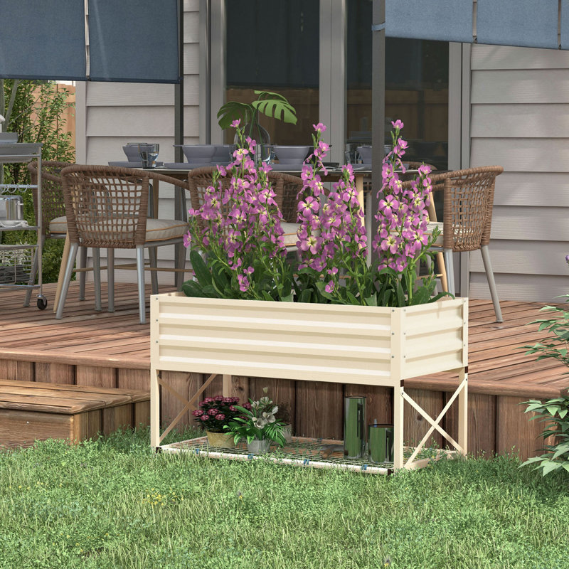 Lit de jardin surélevé avec structure en acier galvanisé, tablette de rangement et doublure de lit, jardinière surélevée avec pieds pour légumes, fleurs, herbes