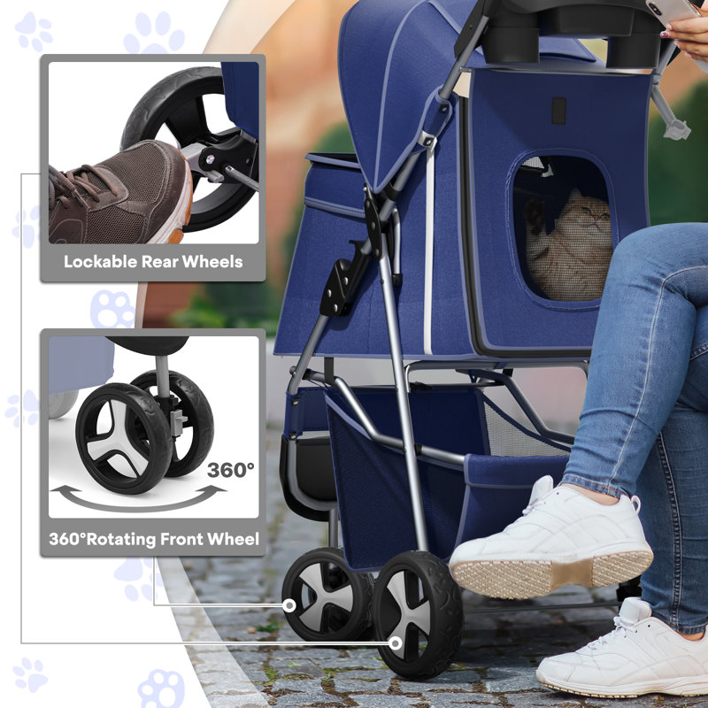 Foldable Pet Stroller, 3 Wheels Folding Carrier Jogger Stroller for Dogs Cats with Canopy and Basket, Navy Blue