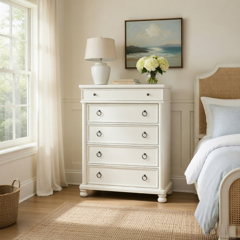 Commode haute Rowy, 5 tiroirs avec boutons en étain, blanc antique