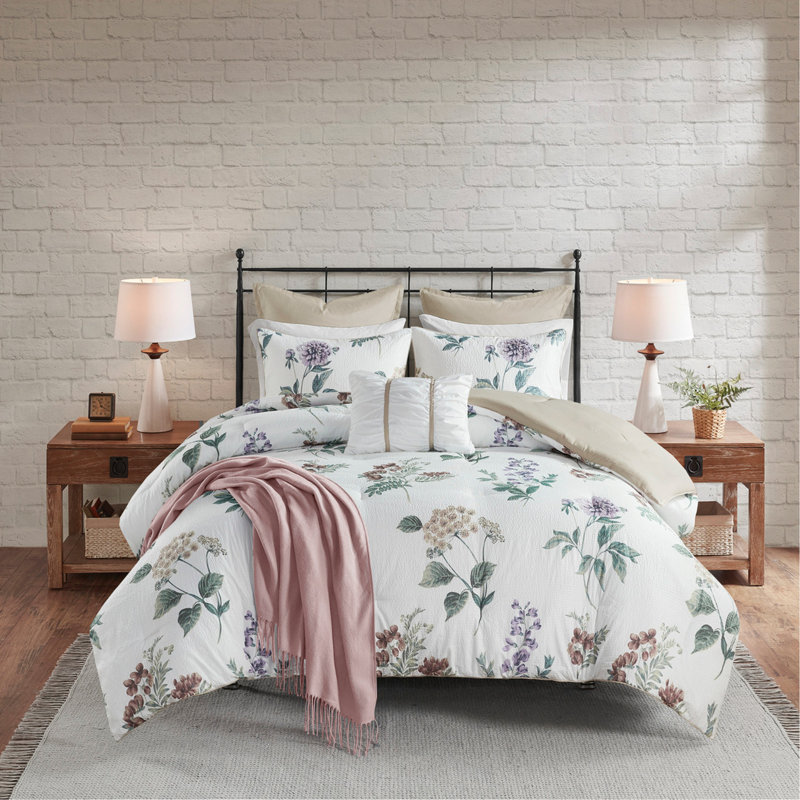 Ensemble d'édredon imprimé 7 pièces avec jeté en couverture de coton taupe / rosé / grand