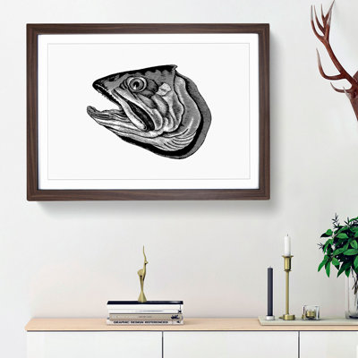 Fish Head Illustration in Black & White - Framed Print