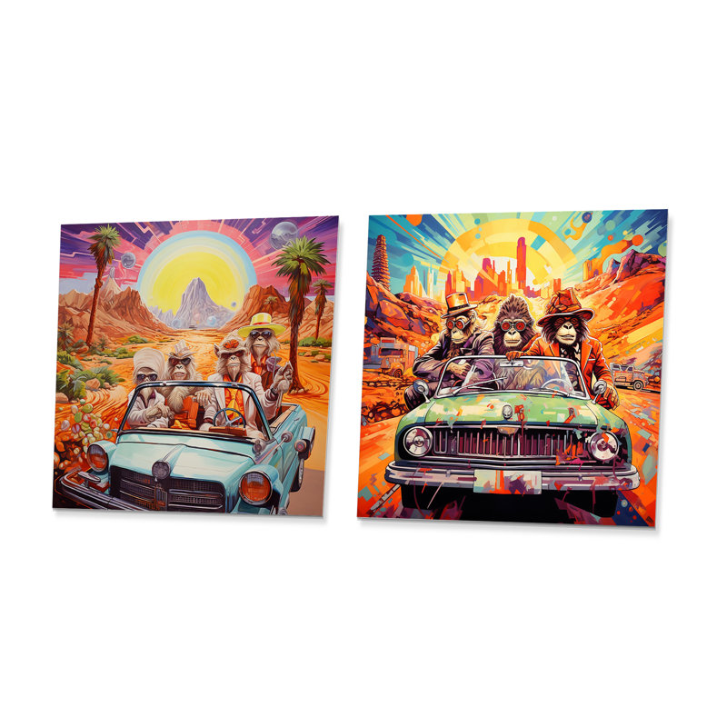 «Monkeys Ride In 1980S Convertible Cadillac I», H 36 po x l 72 po