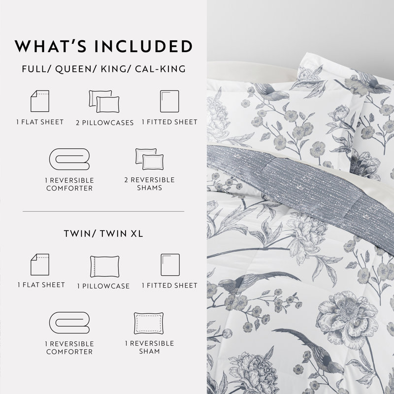 Full Blue Floral Microfiber Comforter and Sheet Set