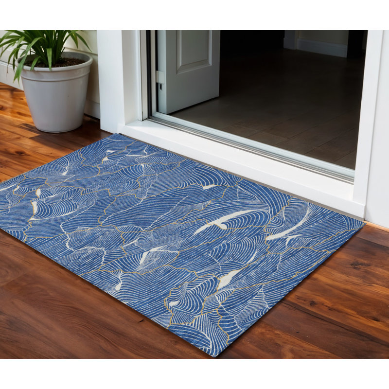 3' X 5' Blue Ivory And Gold Abstract Washable Indoor Outdoor Area Rug