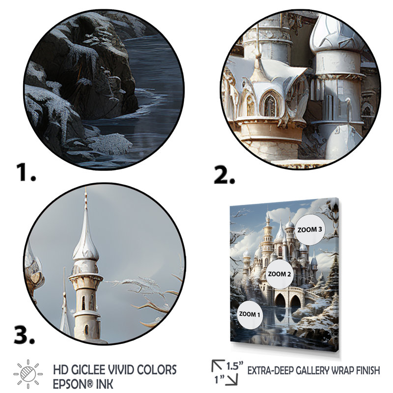 «Frosty Winter Castle Landscape I», art mural paysage d'hiver, Cadre photo noir simple, H 32 po x l 16 po x P 1 po