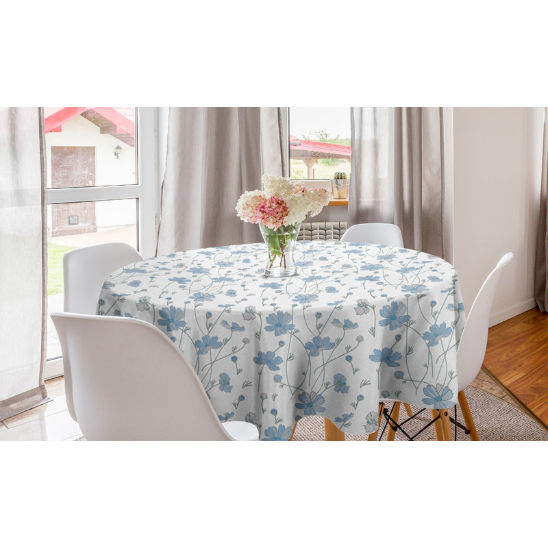 Floral Round Tablecloth, Cosmos Flowers Blue Grey Tones Simplistic And Continuous Composition, Circle Table Cloth Cover For Dining Room Kitchen Decoration, 60", Off White And Sea Blue
