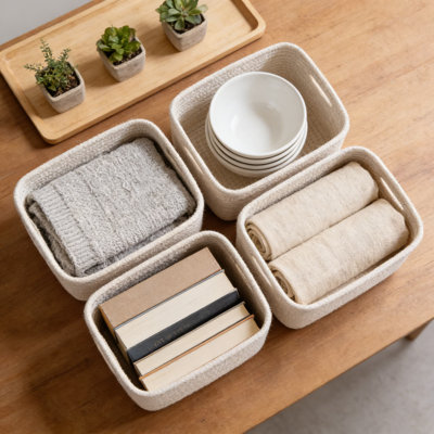 Paniers de rangement en corde de coton tissé pour tablettes, 4 paniers de rangement rectangulaires pour l'organisation de la maison et du bureau, panier à tablette décoratif