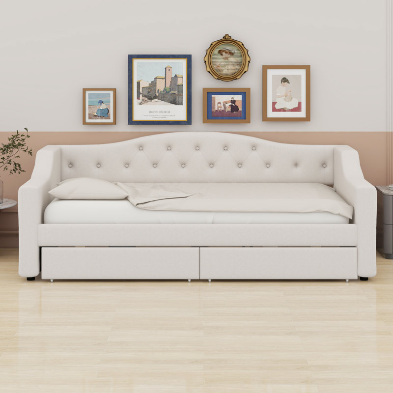 Lit de jour rembourré avec ceinture à DEL et tiroirs, Beige
