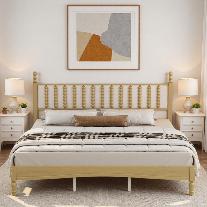 Lit plateforme de style rétro avec tête de lit en forme de gourde et support en lattes de bois, Très grand lit