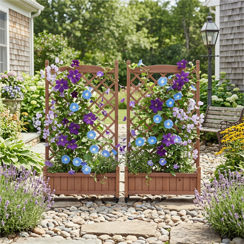 Lit de jardin surélevé avec treillis, ensemble de 2 jardinières en bois et support à plantes avec supports d'escalade