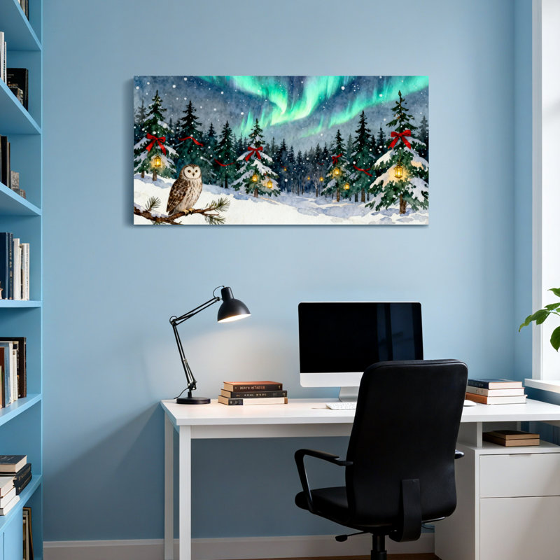 Hibou de Noël, forêt, hibou et lumières enneigées, H 24 po x l 48 po
