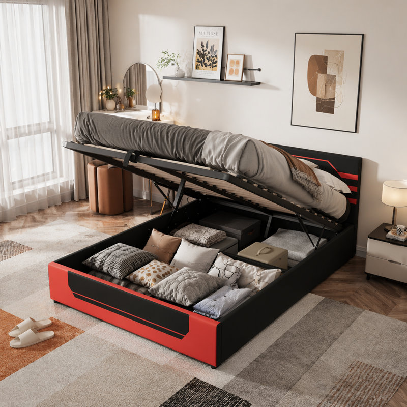 Base de lit de jeu hydraulique moderne, Black+Red
