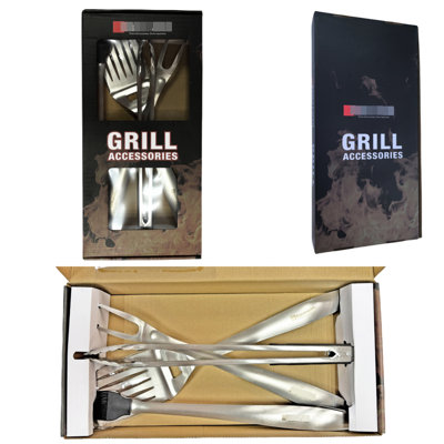 Ensemble d'outils de barbecue robustes en acier inoxydable : spatule, brosse et pinces. Parfait pour les barbecues au gaz, au charbon et infrarouges lors de vos fins de semaine en plein air.