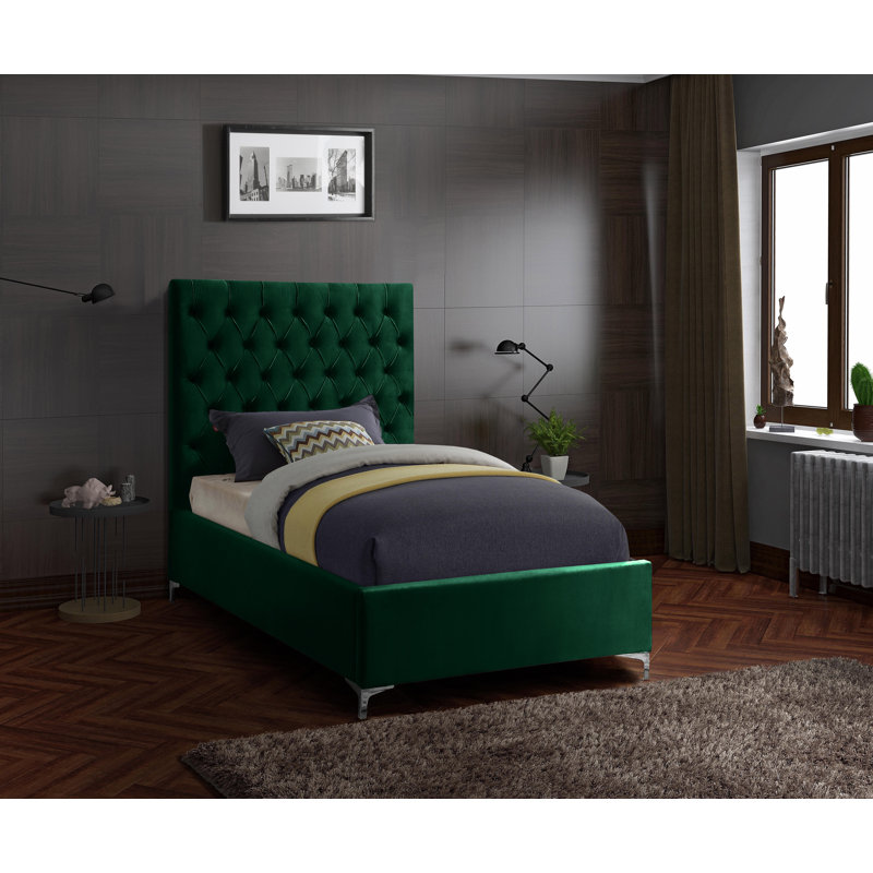Lit plateforme tapissier Cruz, Lit simple, Velours vert