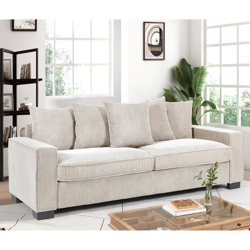Velours côtelé confortable à 3 places avec 5 coussins pour salon moderne Coussins spacieux, agrafes, Ivoire ivoire