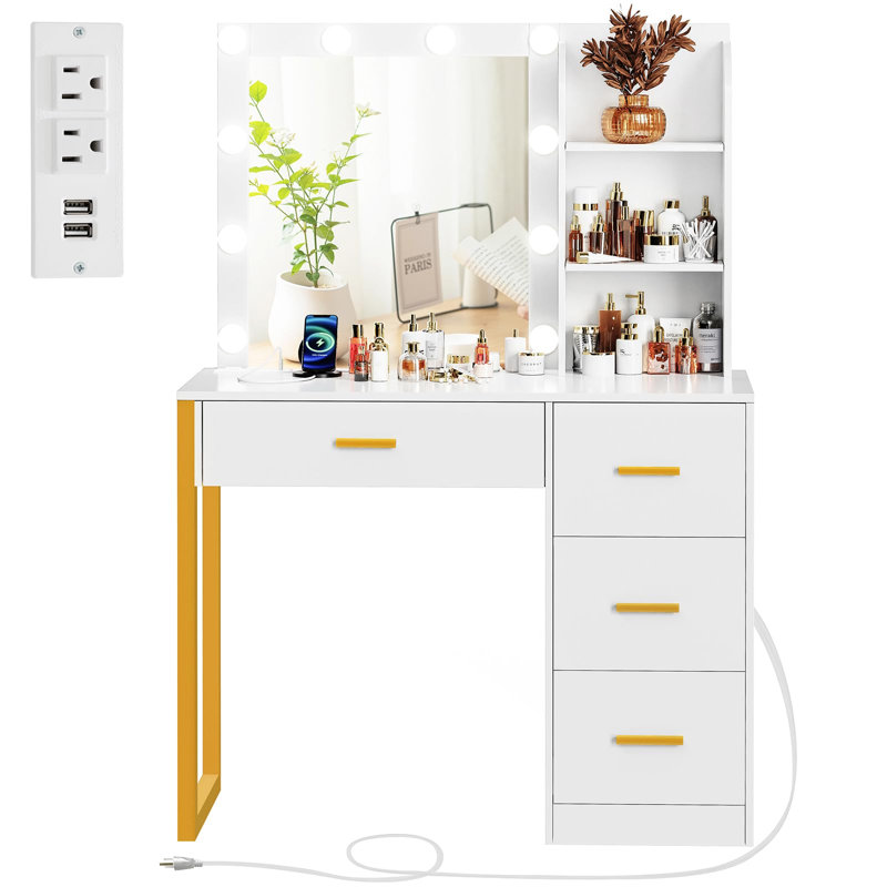 Coiffeuse avec lumières DEL et miroir Teya pour cadeau de Noël, Blanc