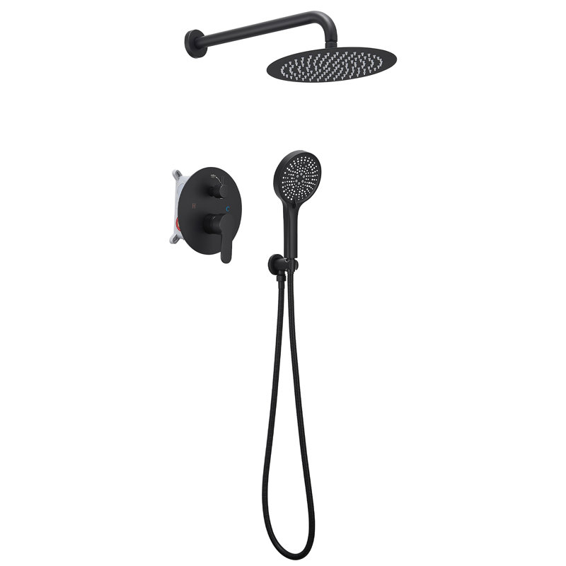 Système de douche rond noir mat avec pomme de douche à pluie de 10 pouces et douchette