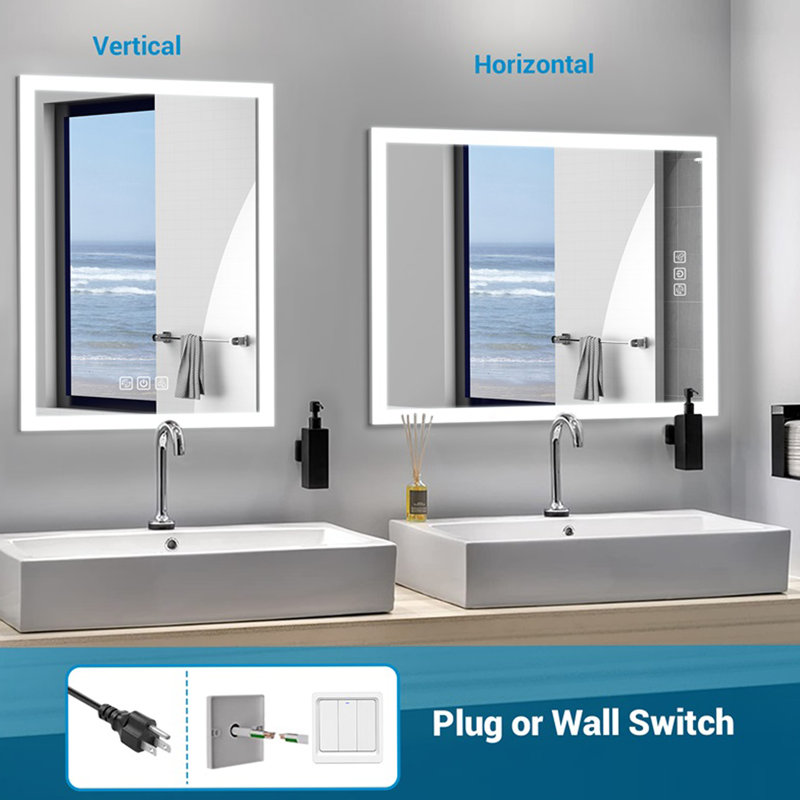 Lumière avant lumineuse pour miroir de salle de bain à DEL 36 po x 28 po, désembuage de 5 minutes, réflexion Full HD, 3 couleurs à intensité variable, fixation murale