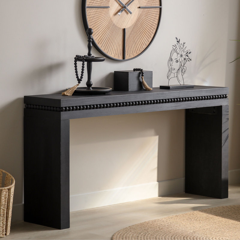 64In Modern Console Table – Elegant Entryway Table With Decorative Beaded Trim, Black