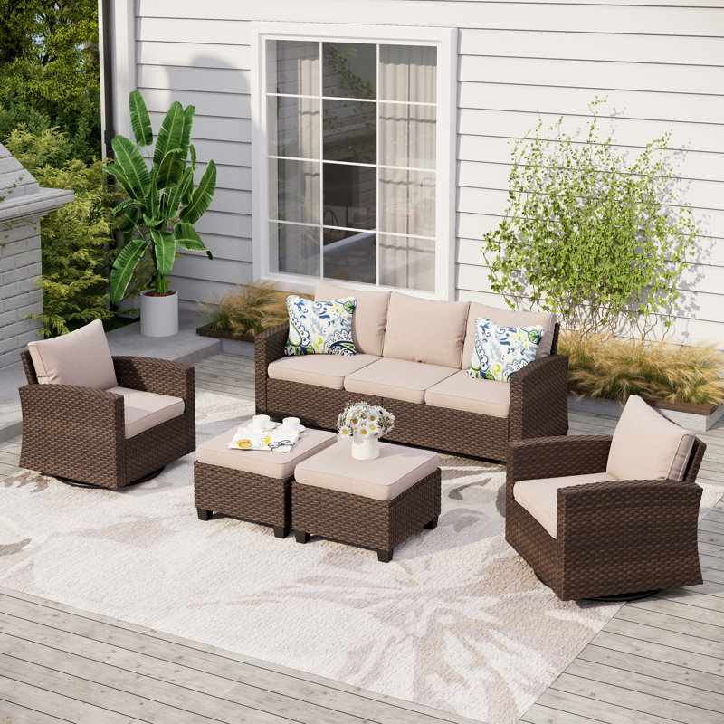 Ensemble de conversation d'extérieur en osier pour 5 personnes avec chaises pivotantes, Beige, Non