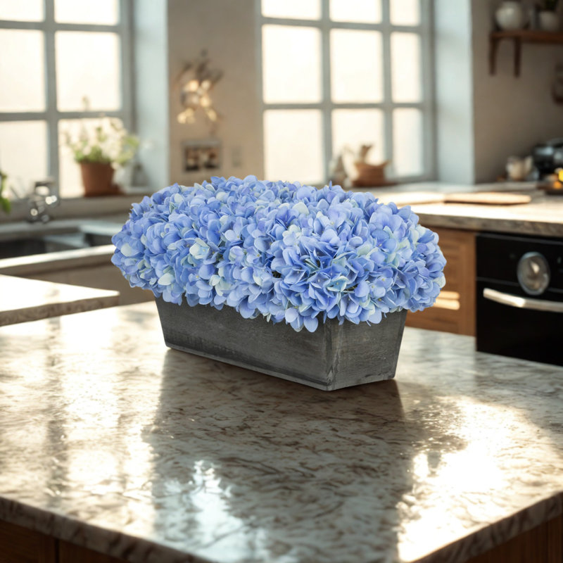 Arrangement d'hortensias en tissu synthétique bleu en pot, Bleu, Noir