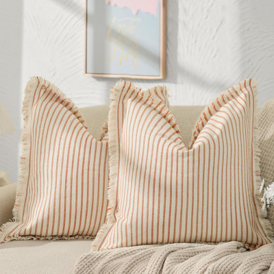 Set of 2 Striped Throw Pillow Covers with Fringe