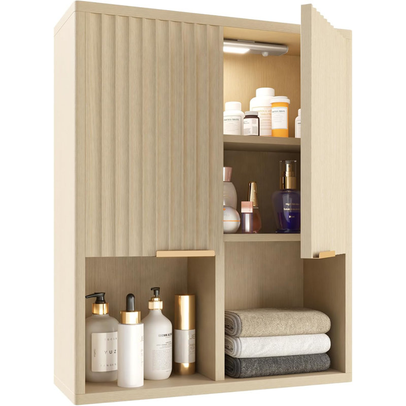 Fluted Bathroom Wall Cabinet with Motion Sensor Light, Curved Profile Wooden Medicine Cabinet, Natural